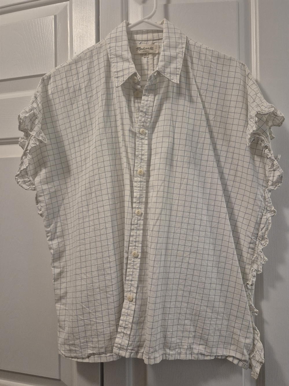 Madewell Womens White Top with Blue Windowpane Grid Ruffled Sleeves & Sides
